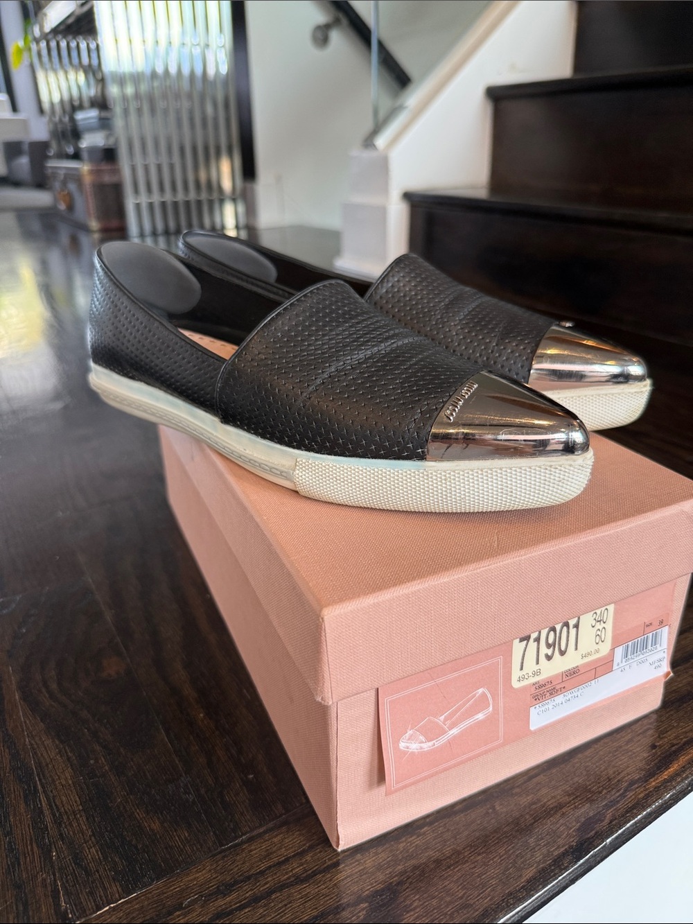 Miu Miu Black Slip-On Leather Sneakers with Silver Metal Cap Toe, size 39